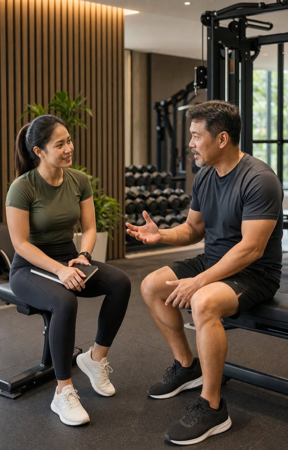 A Fitness Aspire trainer discussing a personalised training plan with a client