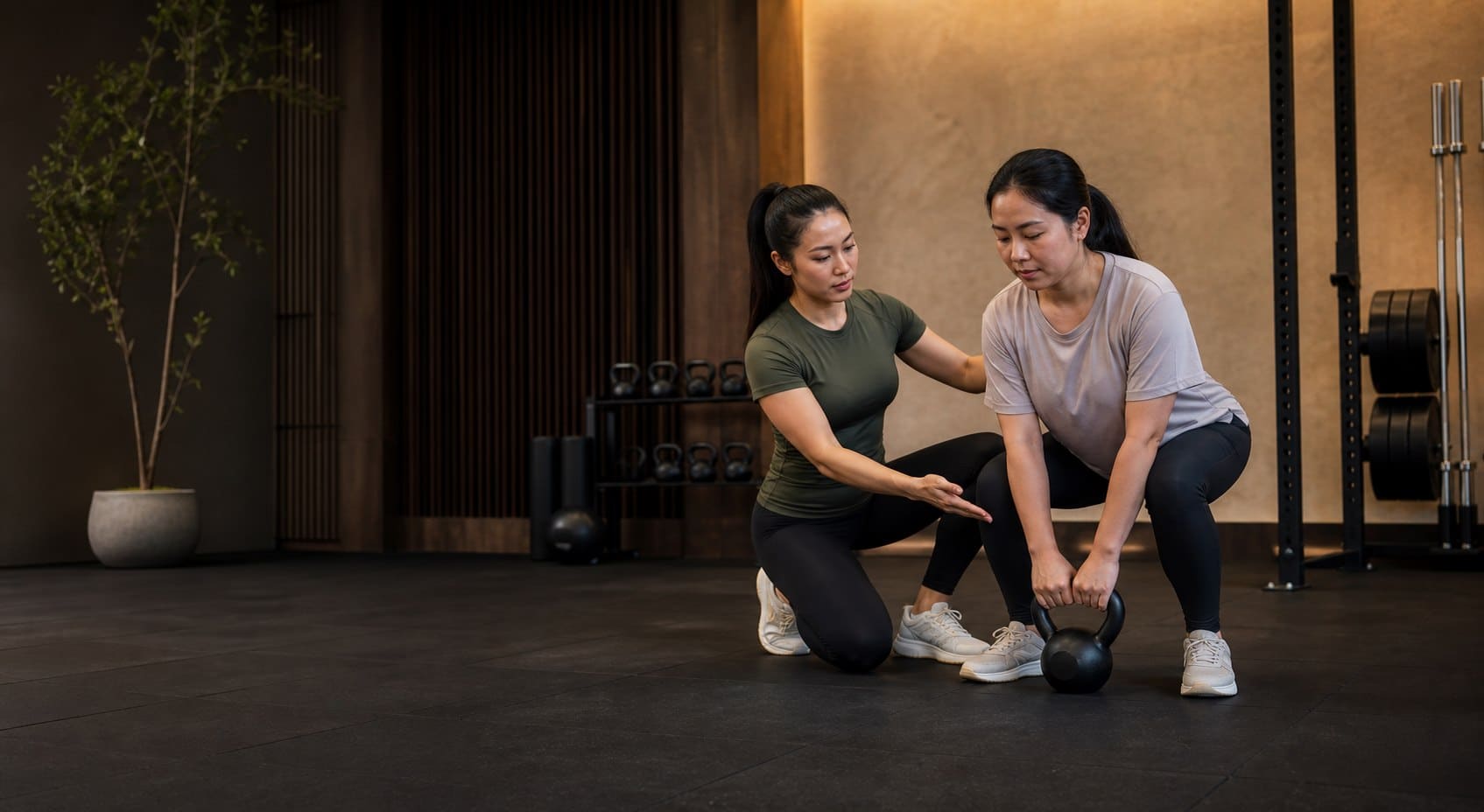 A personal trainer guiding a client through an exercise